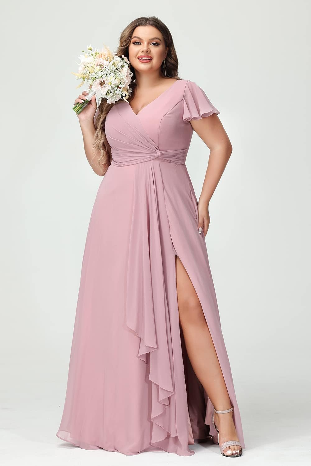 Vestidos de dama de honor de talla grande con mangas con volantes y bolsillos, vestido formal largo con escote en V y abertura. 