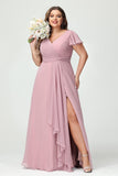 Vestidos de dama de honor de talla grande con mangas con volantes y bolsillos, vestido formal largo con escote en V y abertura. 