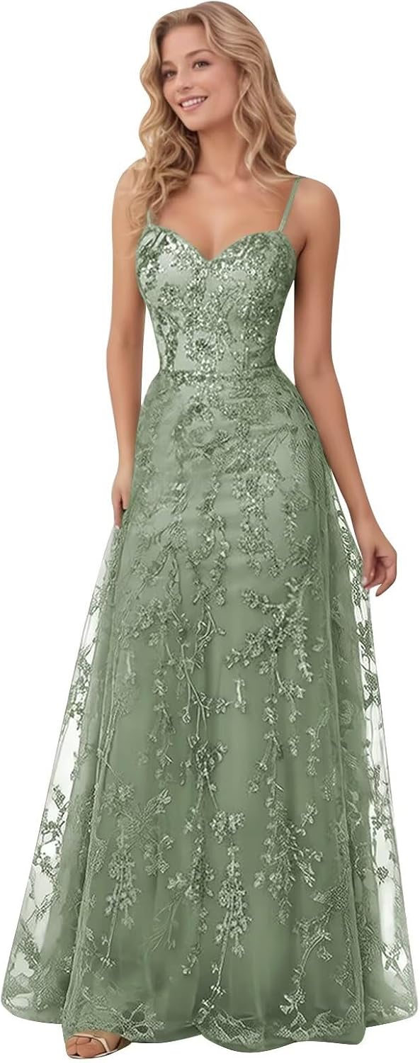 Spaghetti Strap Sparkly Prom Dress for Women Long Tulle Formal Dress Laces Evening Party Gown