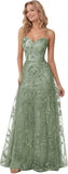 Spaghetti Strap Sparkly Prom Dress for Women Long Tulle Lace Formal Dress Laces Evening Party Gown