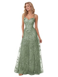 Spaghetti Strap Sparkly Prom Dress for Women Long Tulle Formal Dress Laces Evening Party Gown