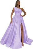 Women's One Shoulder Prom Dresses 2026 Long Slit Satin Formal Evening Gowns with Pockets