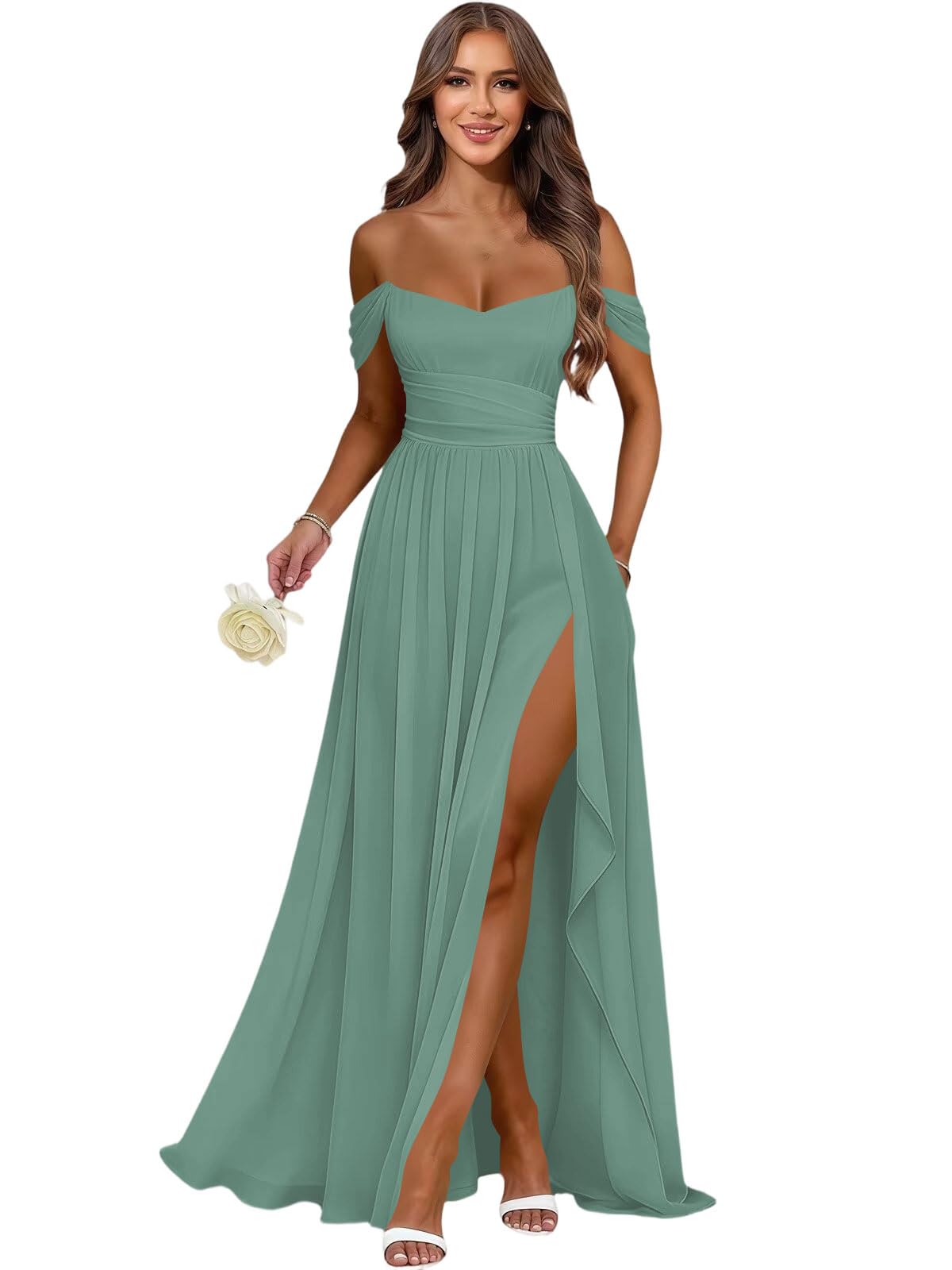 Women's Long Chiffon Bridesmaid Dresses with Slit Off Shoulder A-Line Formal Prom Evening Gown Maxi Wedding Guest Dress