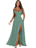 Women's Long Chiffon Bridesmaid Dresses with Slit Off Shoulder A-Line Formal Prom Evening Gown Maxi Wedding Guest Dress