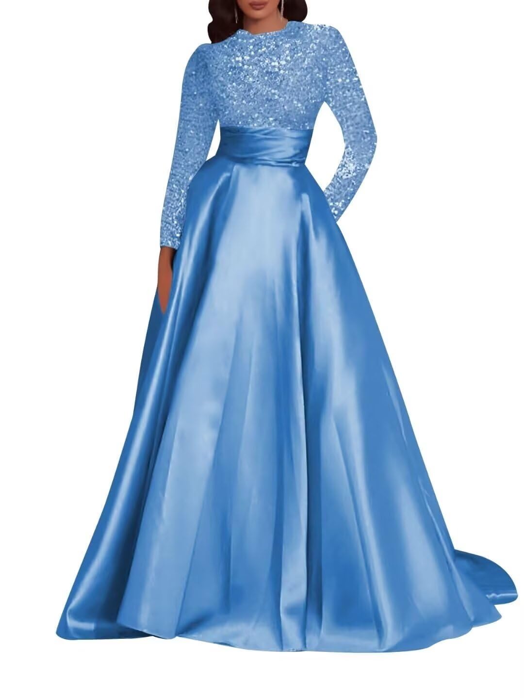 Kingbridal Gowns Long Sleeve Sequin Prom Dresses for Women Satin A-line Formal Dress 2026 Sparkly Evening Party Gowns with Pockets