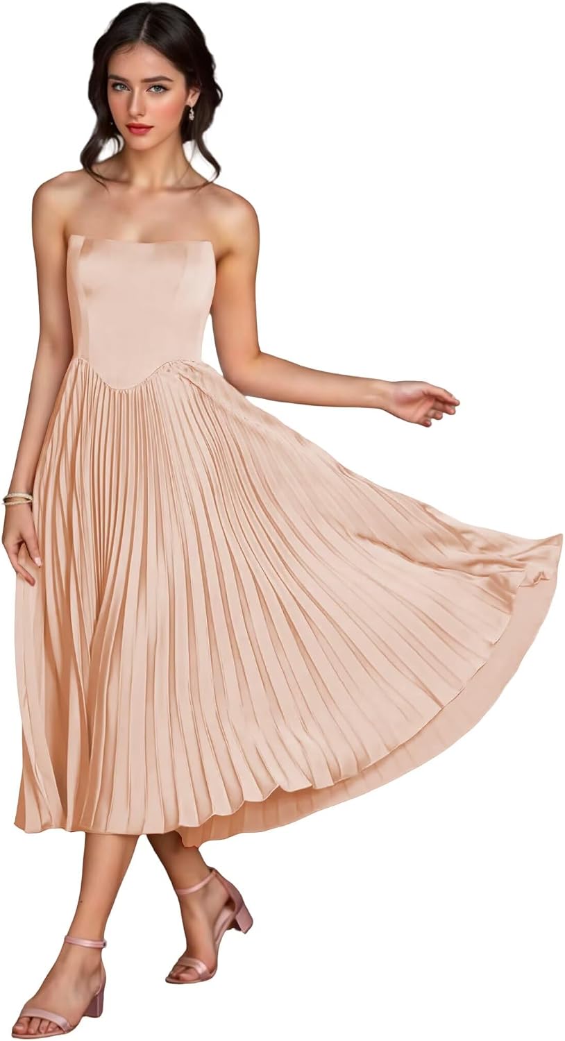 Women's Strapless Bridesmaid Dresses for Womens Tea Length Ruffle Satin Formal Prom Dress