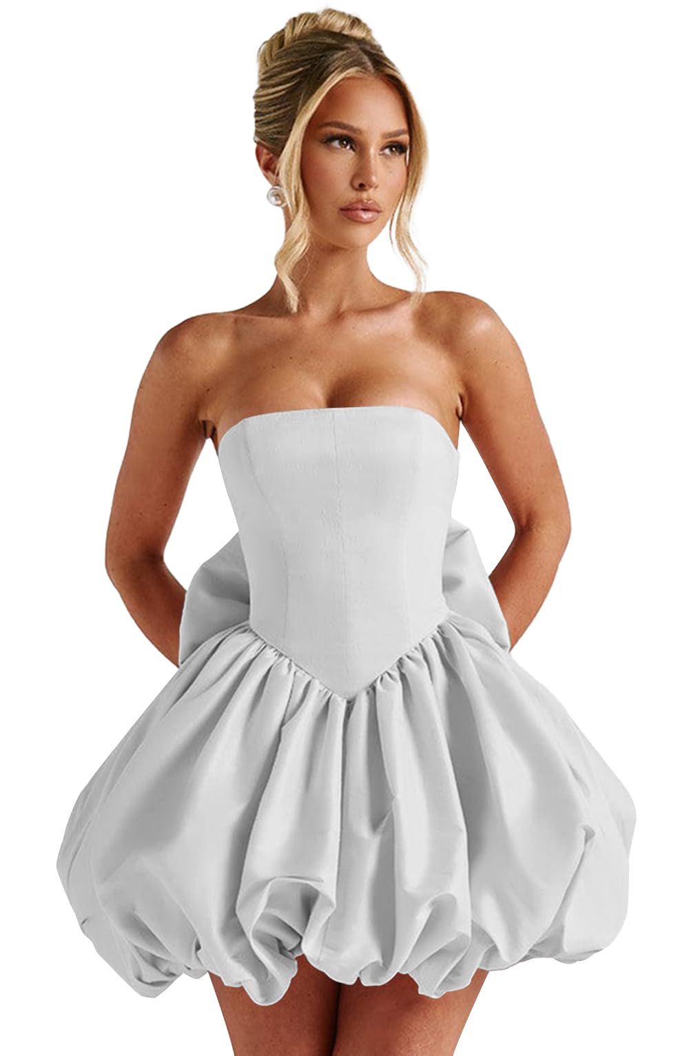Satin Flower Bud Homecoming Dress Short Prom Dress with Bow Strapless A Line Mini Cocktail Party Gown