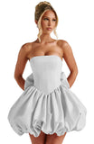 Satin Flower Bud Homecoming Dress Short Prom Dress with Bow Strapless A Line Mini Cocktail Party Gown