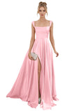 Spaghetti Straps Satin Bridesmaid Dresses for Women Long A-Line Square Neck Formal Evening Party Gown with Slit