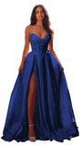 Jacquard Satin Prom Dresses with Slit Strapless Corset A Line Long Formal Gowns