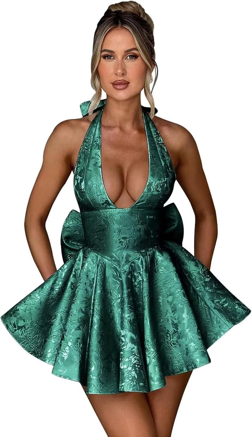 Satin Halter Homecoming Dresses for Teens 2027 V Neck Jacquard A-line Short Prom Cocktail Gowns with Bow