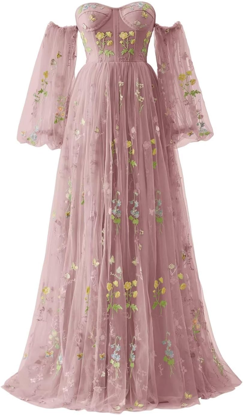 Vestidos de fiesta de tul con bordado de flores para mujer, 2024, largos, con hombros descubiertos, formales, para noche 