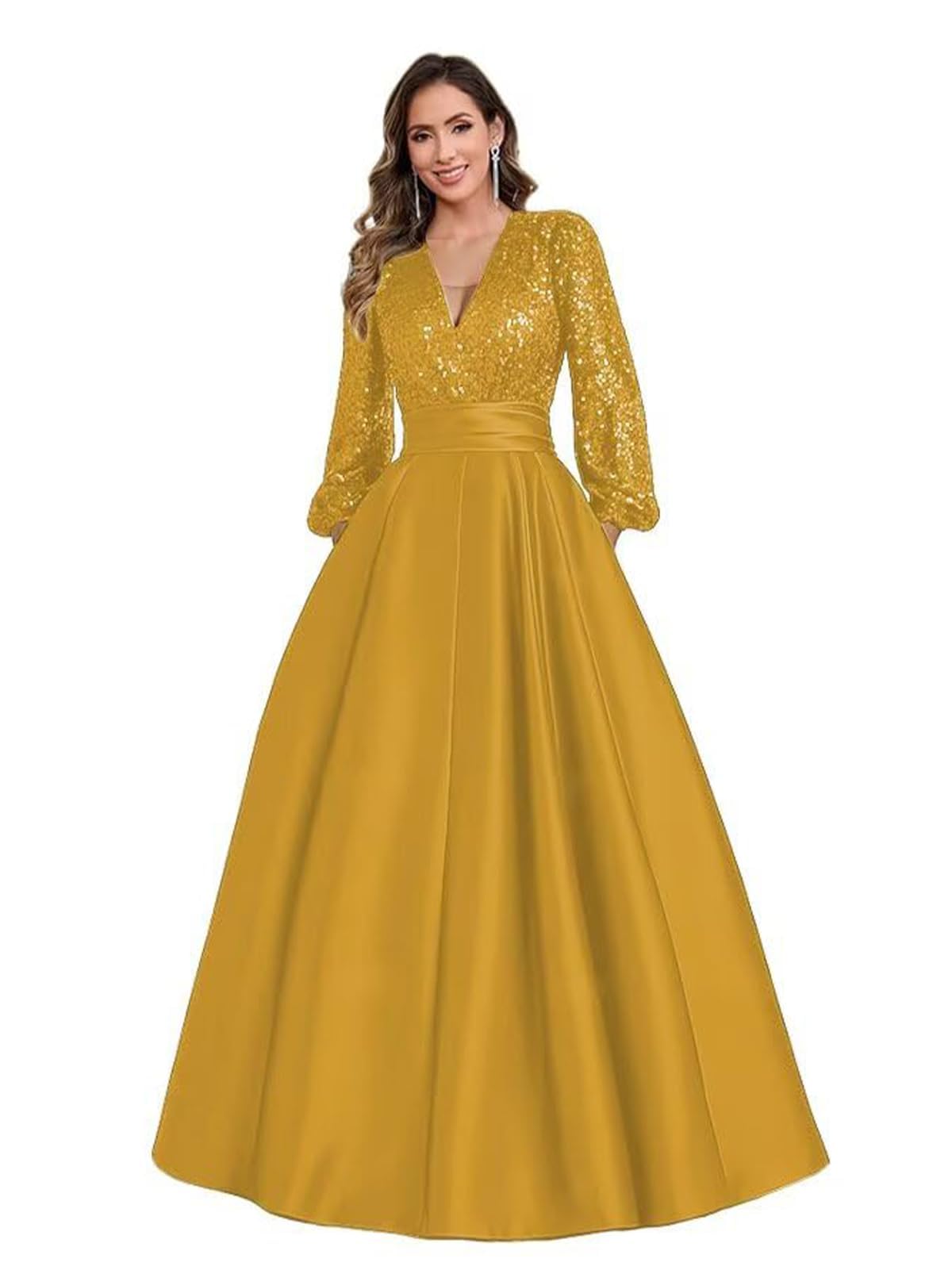 Satin Mother of Bride Dresses Long for Women Sequin Long Sleeve Evening Gown with Pockets