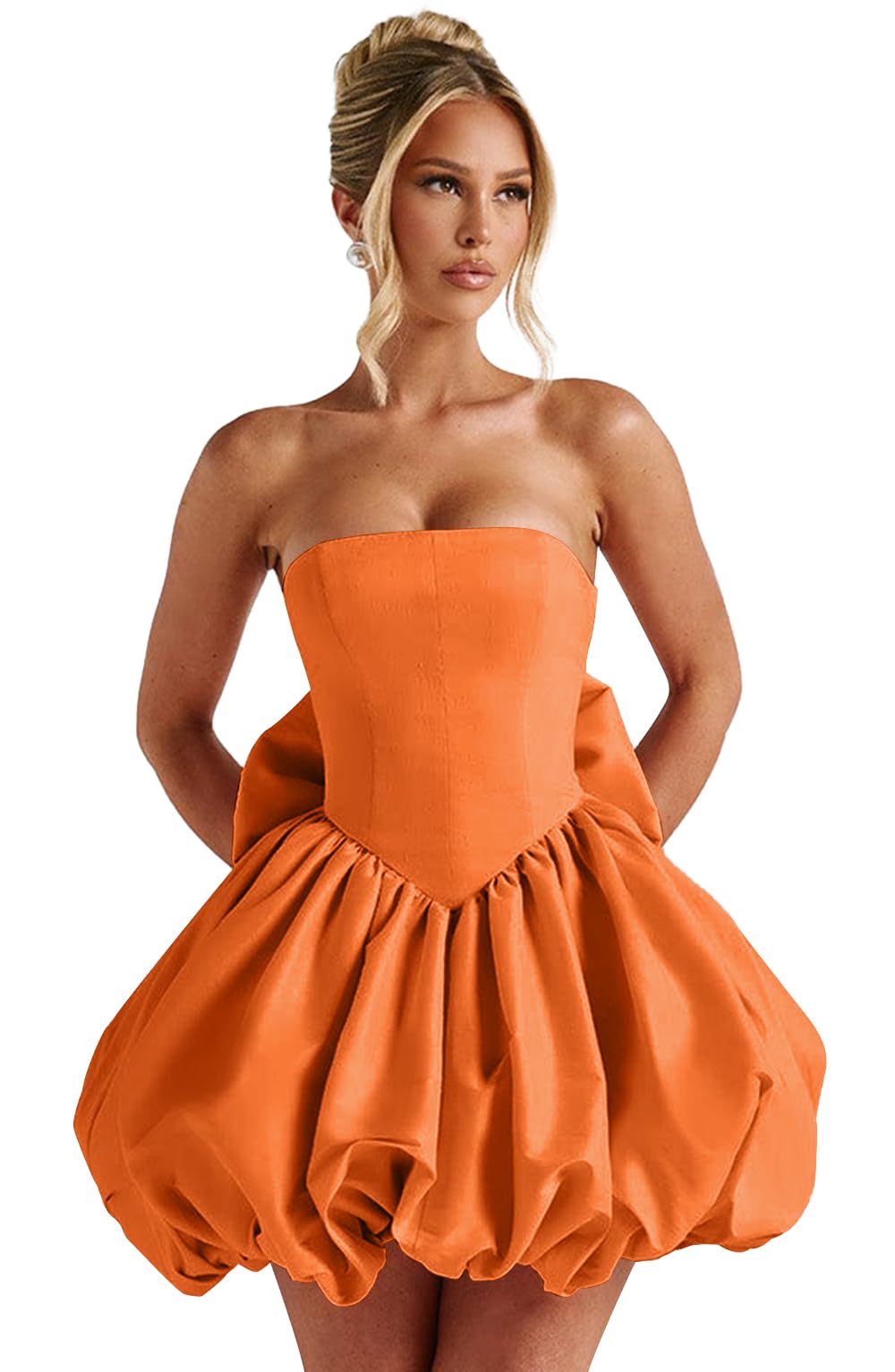Satin Flower Bud Homecoming Dress Short Prom Dress with Bow Strapless A Line Mini Cocktail Party Gown