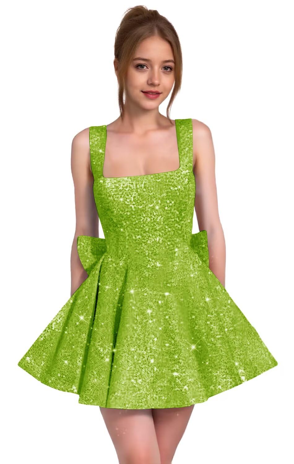 Sparkly Sequin Homecoming Dresses for Teens Short Prom Dress Square Neck Bow Formal Cocktail Gowns with Pockets