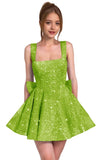 Sparkly Sequin Homecoming Dresses for Teens Short Prom Dress Square Neck Bow Formal Cocktail Gowns with Pockets
