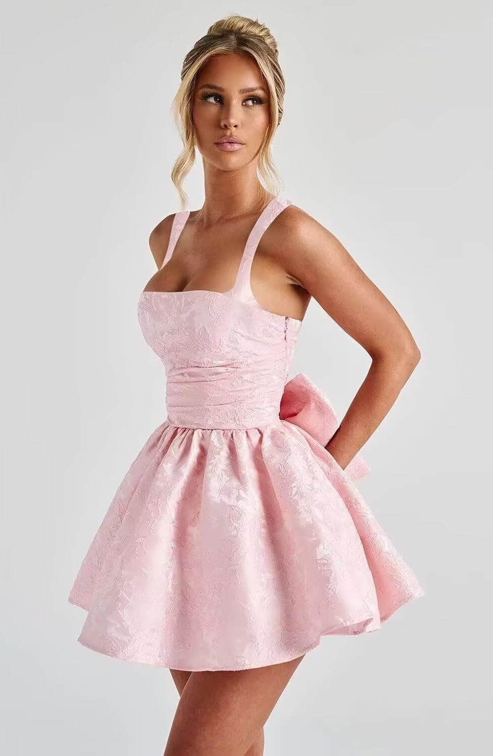 Jacquard Satin Homecoming Dresses for Teens Spaghetti Straps Short Prom Dress A-line Cocktail Party Gowns with Bow