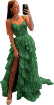 Vestido de fiesta de tul con encaje y capas, tirantes finos y abertura larga, corsé brillante, vestidos formales de fiesta de noche 