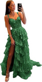 Vestido de fiesta de tul con encaje y capas, tirantes finos y abertura larga, corsé brillante, vestidos formales de fiesta de noche 