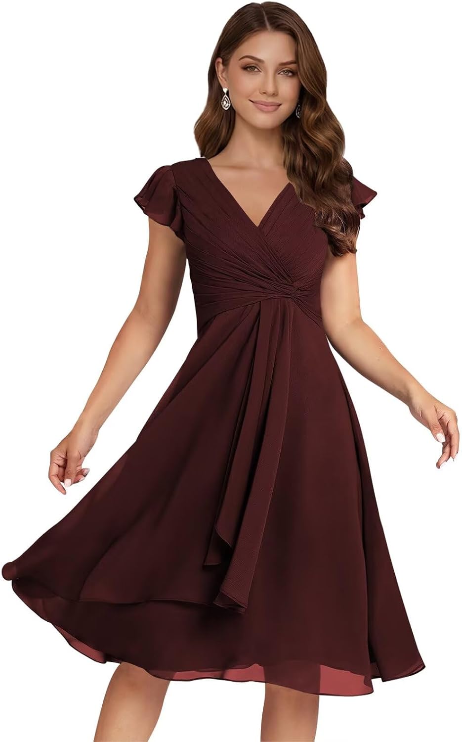 Short Chiffon Bridesmaid Dresses for Women V Neck Flutter Sleeves Ruffle Formal Cocktail Gowns with Pockets