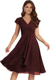 Short Chiffon Bridesmaid Dresses for Women V Neck Flutter Sleeves Ruffle Formal Cocktail Gowns with Pockets