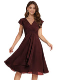 Short Chiffon Bridesmaid Dresses for Women V Neck Flutter Sleeves Ruffle Formal Cocktail Gowns with Pockets