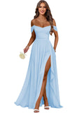 Women's Long Chiffon Bridesmaid Dresses with Slit Off Shoulder A-Line Formal Prom Evening Gown Maxi Wedding Guest Dress