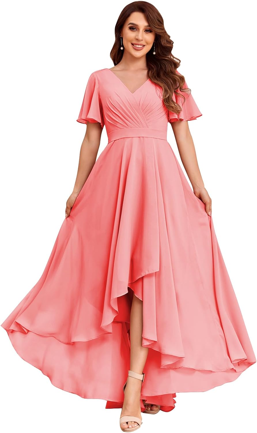 Women's Flutter Sleeve Bridesmaid Dresses with Pockets High Low Formal Dress