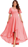Women's Flutter Sleeve Bridesmaid Dresses with Pockets High Low Formal Dress