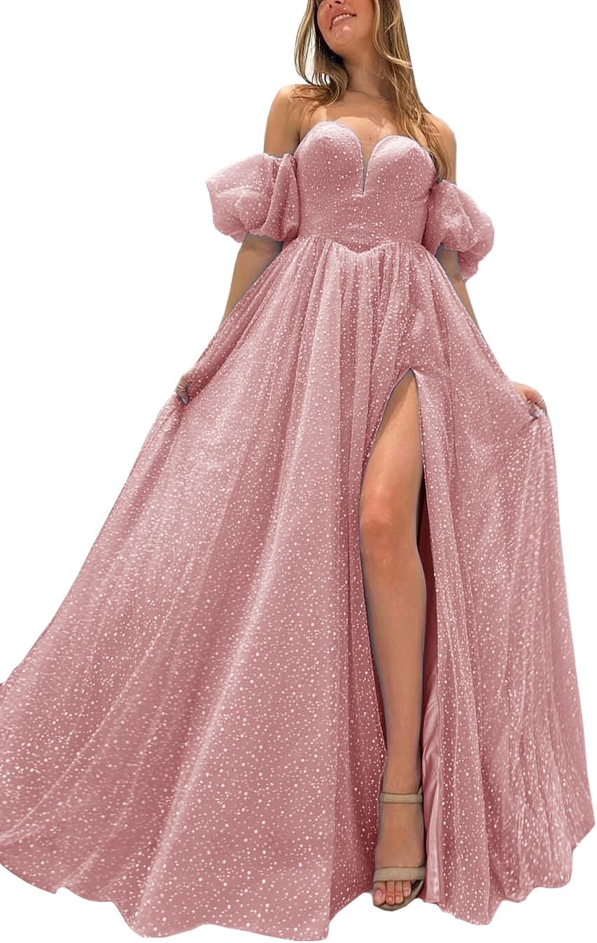 Tulle Prom Dresses for Women 2027 Sparkly Puffy Sleeves Long Ball Gowns with Slit A-Line Evening Dresses