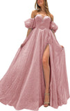 Tulle Prom Dresses for Women 2027 Sparkly Puffy Sleeves Long Ball Gowns with Slit A-Line Evening Dresses