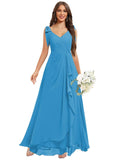Chiffon Bridesmaid Dresses for Women Ruffles V Neck Flowy Long Formal Evening Dress with Bow