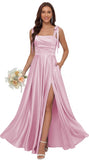 Satin Bridesmaid Dresses with Slit Spaghetti Straps Square Neck Long Formal Dress