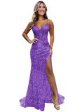 Sparkly Sequin Prom Dresses for Teens 2026 V Neck Glitter Applique Mermaid Formal Evening Gown with Slit
