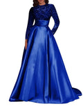 Kingbridal Gowns Long Sleeve Sequin Prom Dresses for Women Satin A-line Formal Dress 2026 Sparkly Evening Party Gowns with Pockets