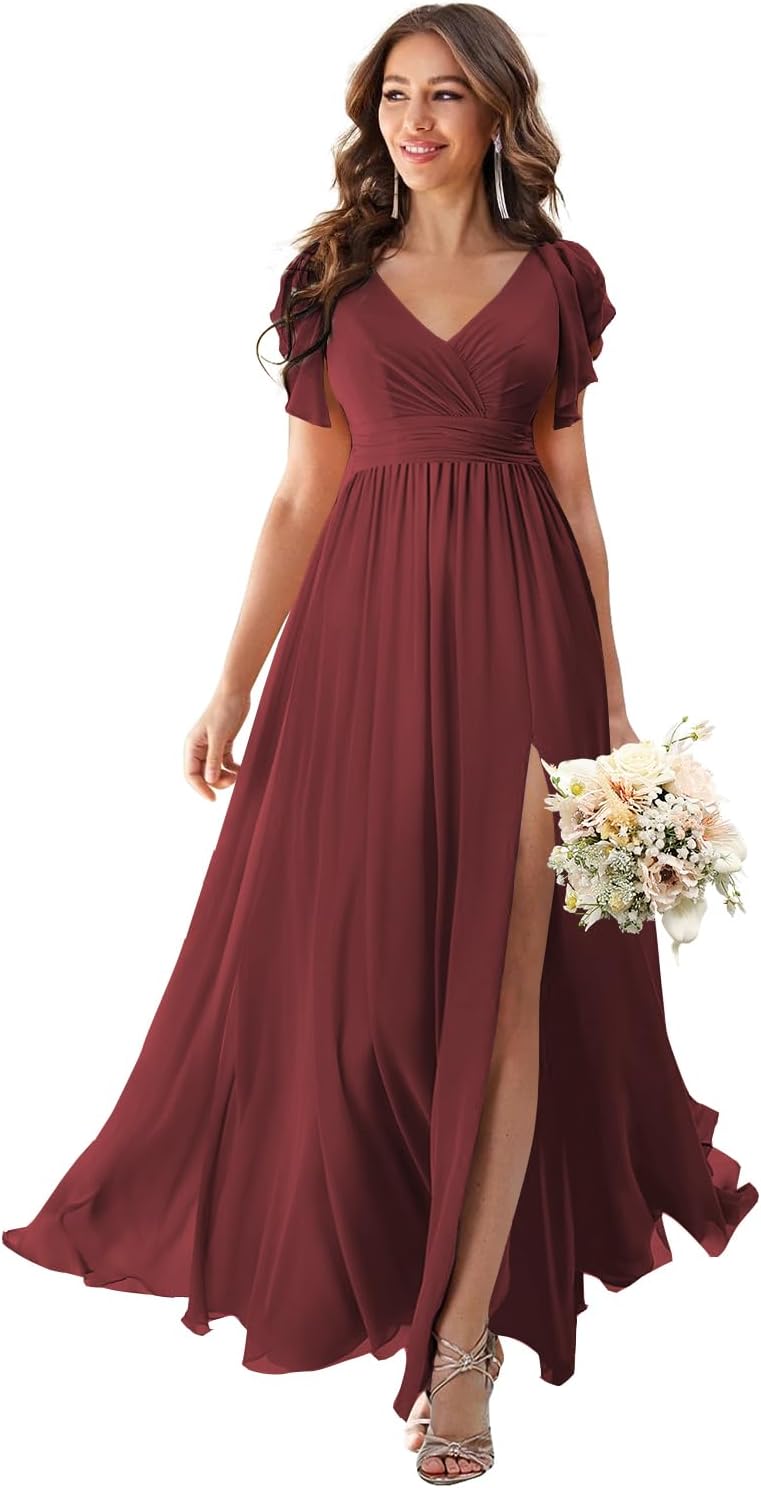 V Neck Flutter Sleeves Bridesmaid Dresses with Slit 2025 Chiffon Aline Pleats Formal Evening Gowns for Women