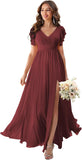 V Neck Flutter Sleeves Bridesmaid Dresses with Slit 2025 Chiffon Aline Pleats Formal Evening Gowns for Women