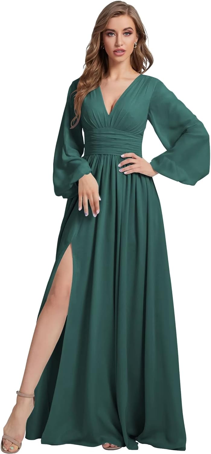 Womens V-Neck Long Sleeve Bridesmaid Dresses with Slit 2024 Ruched A-line Chiffon Prom Formal Dresses