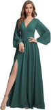 Womens V-Neck Long Sleeve Bridesmaid Dresses with Slit 2024 Ruched A-line Chiffon Prom Formal Dresses