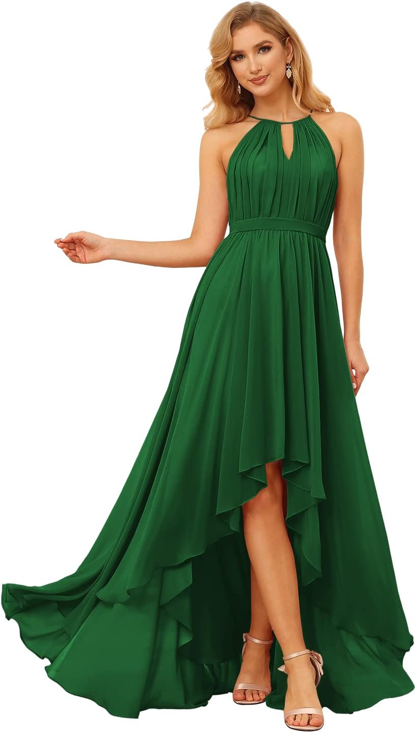 Damen Neckholder Brautjungfernkleider Lang mit Taschen High-Low Falten Formelles Kleid für Hochzeit 