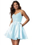 Vestidos cortos de fiesta con tirantes finos para jóvenes, con encaje, escote en V y bolsillos.