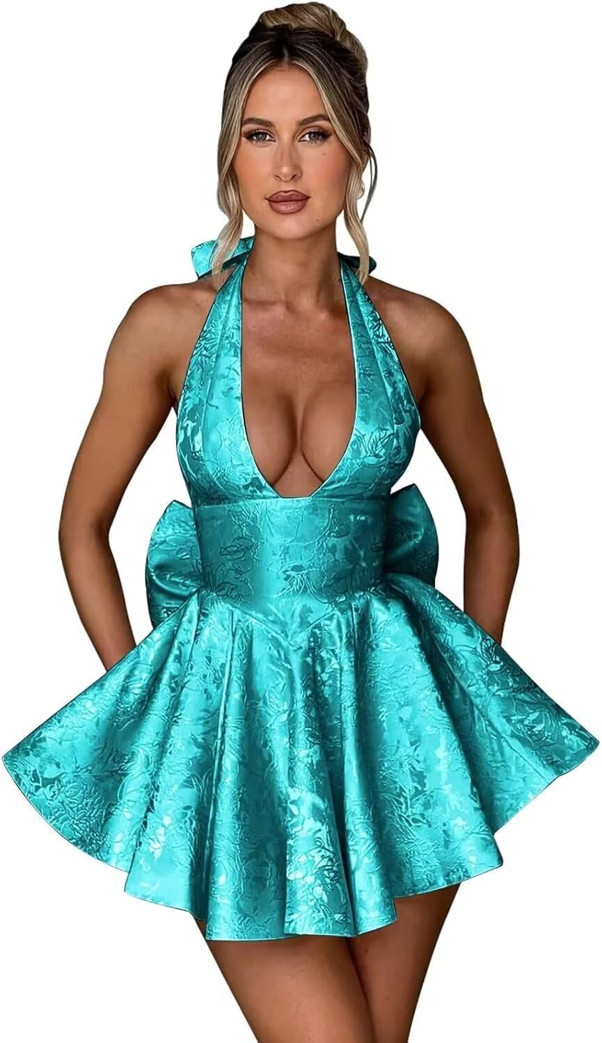 Satin Halter Homecoming Dresses for Teens 2027 V Neck Jacquard A-line Short Prom Cocktail Gowns with Bow