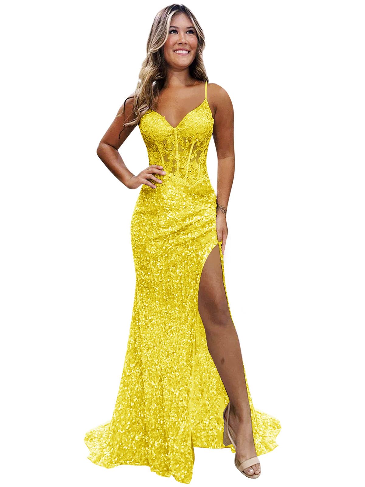 Sparkly Sequin Prom Dresses for Teens 2026 V Neck Glitter Applique Mermaid Formal Evening Gown with Slit