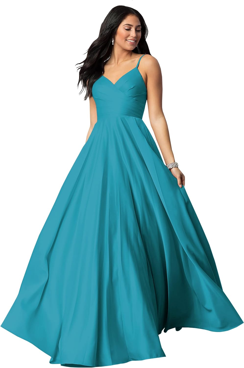 Women's Spaghetti Straps Satin Prom Dresses with Pockets V Neck Pleated Formal Evening Ball Gowns