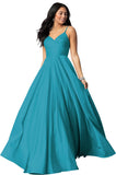 Women's Spaghetti Straps Satin Prom Dresses with Pockets V Neck Pleated Formal Evening Ball Gowns