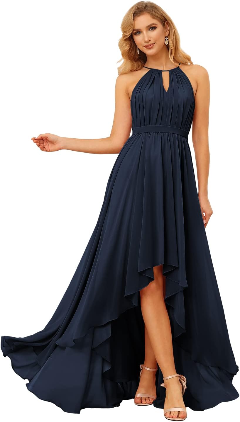 Damen Neckholder Brautjungfernkleider Lang mit Taschen High-Low Falten Formelles Kleid für Hochzeit 