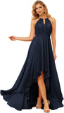 Damen Neckholder Brautjungfernkleider Lang mit Taschen High-Low Falten Formelles Kleid für Hochzeit 