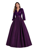 Satin Mother of Bride Dresses Long for Women Sequin Long Sleeve Evening Gown with Pockets
