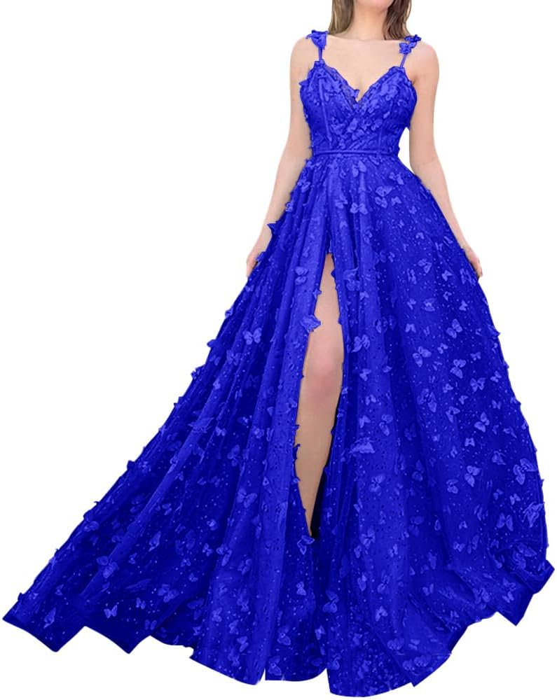Sparkly Prom Dresses for Teens 2027 3D Butterfly Tulle Spaghetti Straps Long Slit Backless Party Gowns