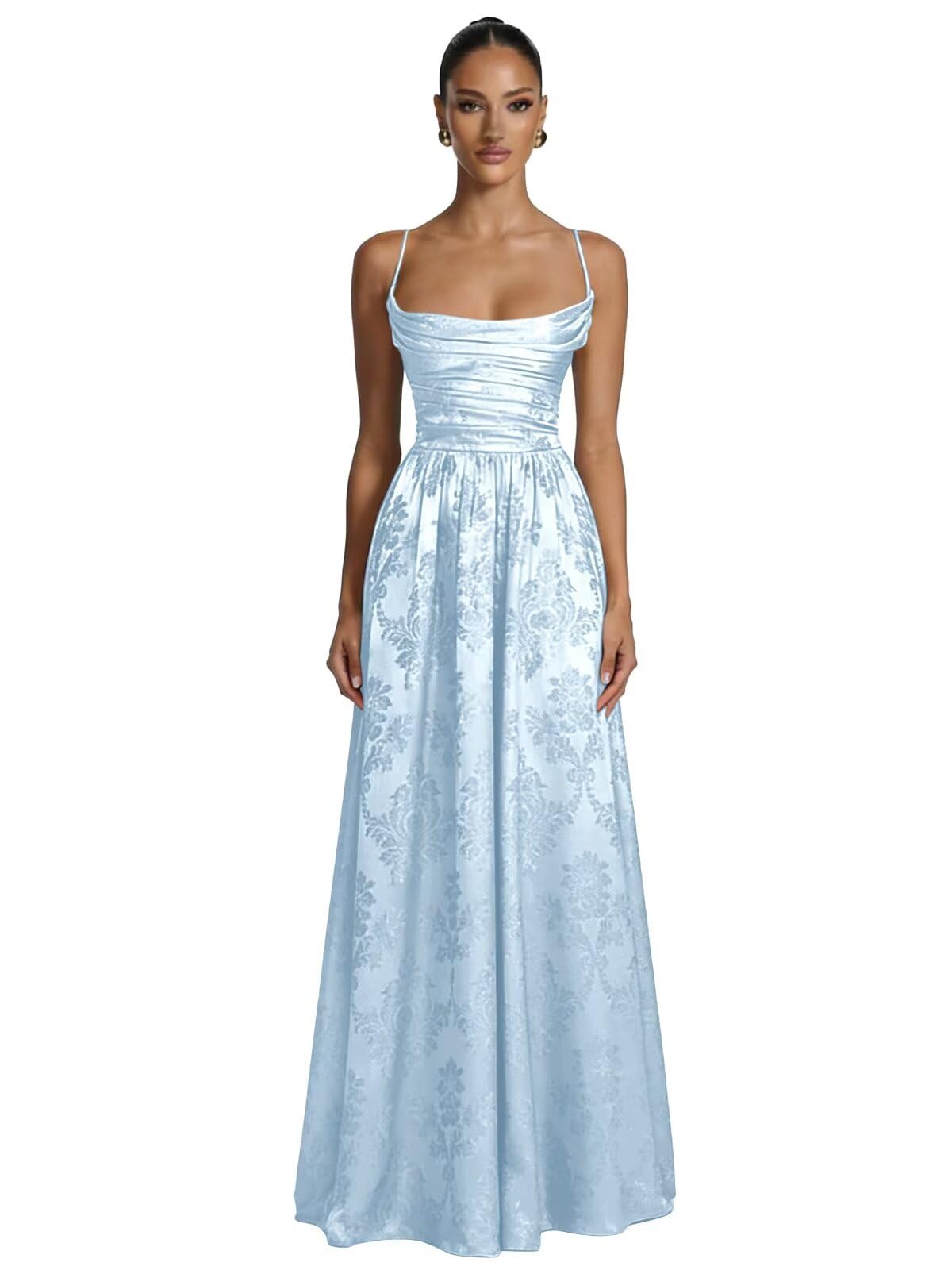 Floral Jacquard Prom Dresses for Women Spaghetti Straps A Line Satin Cowl Neck Formal Evening Party Dress